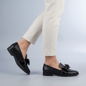 Black Shoes For Women | Pointed Toe Slip-On Flat Bow Loafers Black worn side view sole