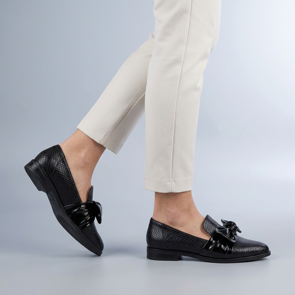 Black Shoes For Women | Pointed Toe Slip-On Flat Bow Loafers Black worn side view sole