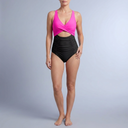 Women's Swimsuit | V-Neck Cutout Ruched One Piece Fuchsia+Black front view
