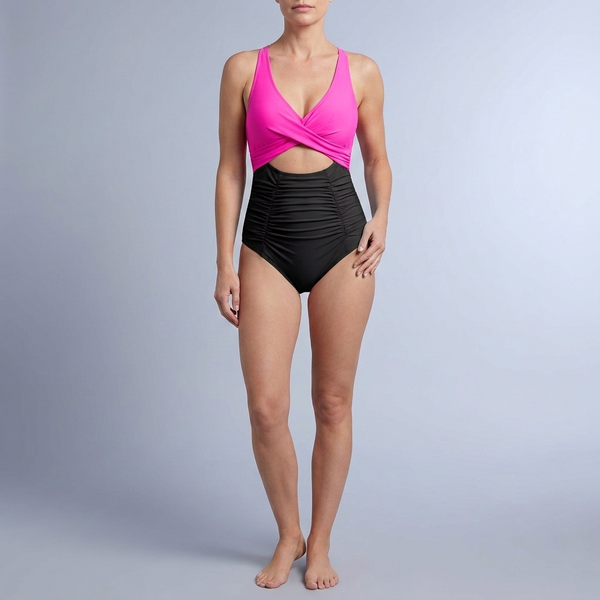 Women's Swimsuit | V-Neck Cutout Ruched One Piece Fuchsia+Black front view