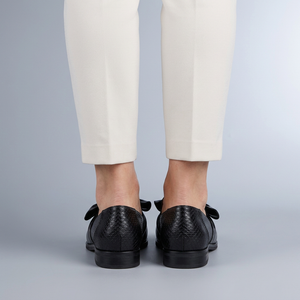 Black Shoes For Women | Pointed Toe Slip-On Flat Bow Loafers Black worn back view