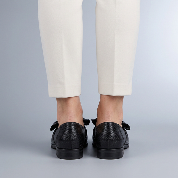Black Shoes For Women | Pointed Toe Slip-On Flat Bow Loafers Black worn back view