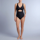 Women's Swimsuit | V-Neck Cutout Ruched One Piece Black front view