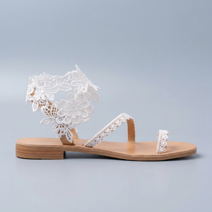White Sandals For Women | Floral Lace Toe Ring Ankle Strap White side profile