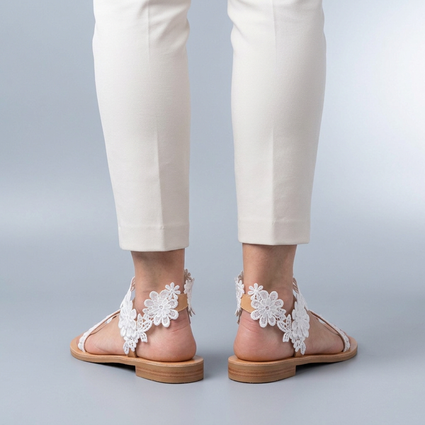 White Sandals For Women | Floral Lace Toe Ring Ankle Strap White worn back view