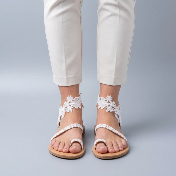 White Sandals For Women | Floral Lace Toe Ring Ankle Strap White worn front view