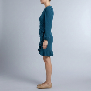 Women's Cocktail Dress | Mini Ruffle Hem Balloon Sleeve Blue side view