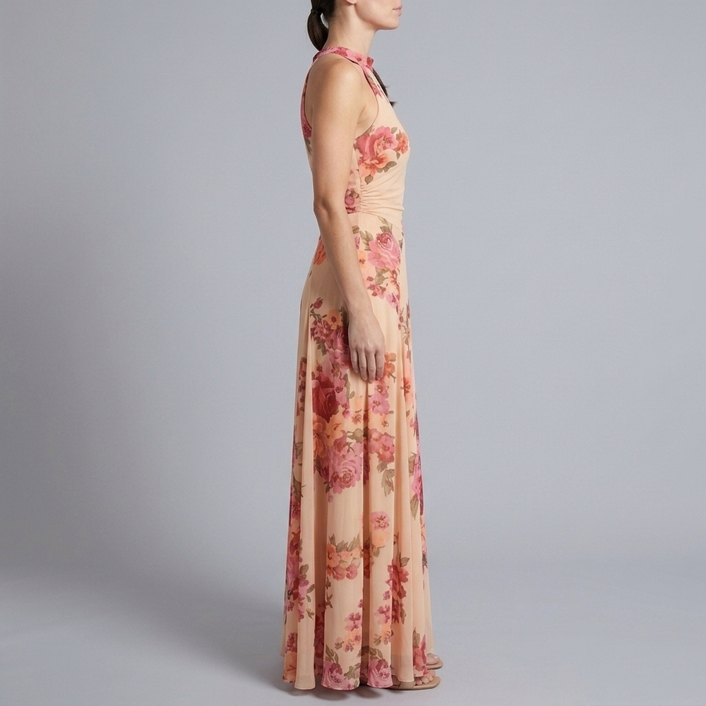 Women's Maxi Dress | High Neck Sleeveless Halter Apricot pink front view