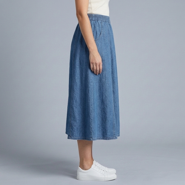 Women's Denim Skirt | Midi Elastic Waist A-Line Pockets Deep Blue side view
