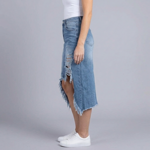 Women's Denim Skirt | Maxi Distressed Asymmetric Hem Forget-Me-Not side view