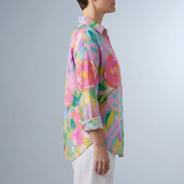 Women's Blouse | Artistic Floral Print Button Front Pink side view