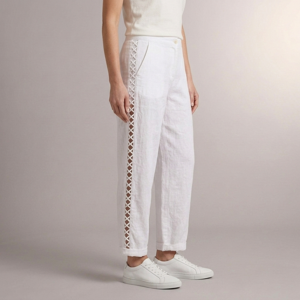 Women's White Linen Pants | Hollow Out Lace Up Mid Waist White front view