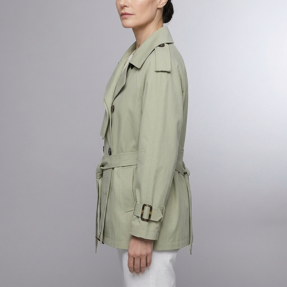 Women's Trench Coat | Belted Double Breasted Long Sleeve Green front view