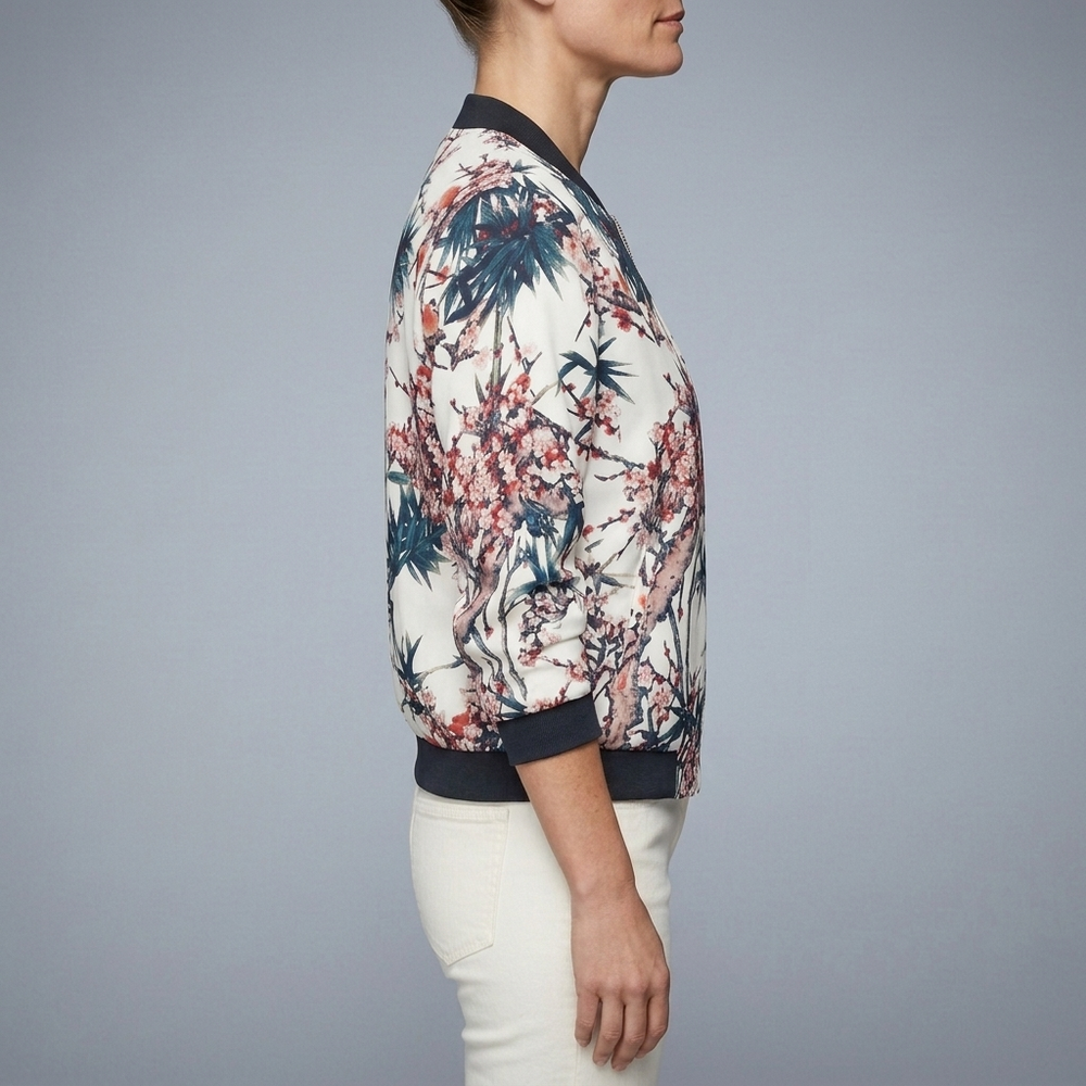 Women's Bomber Jacket | Floral Print Zip Front Blue front view
