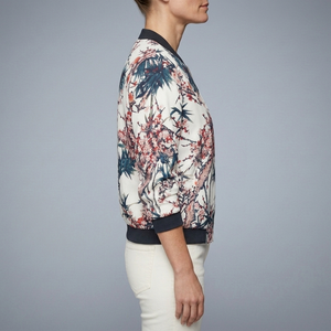 Women's Bomber Jacket | Floral Print Zip Front Blue side view