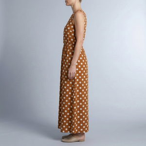 Women's Polka Dot Dress | Maxi Sleeveless Gathered Waist Brown side view