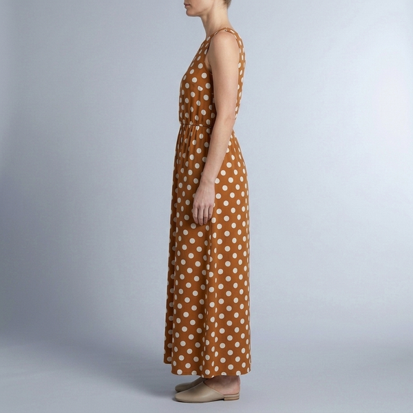 Women's Polka Dot Dress | Maxi Sleeveless Gathered Waist Brown side view