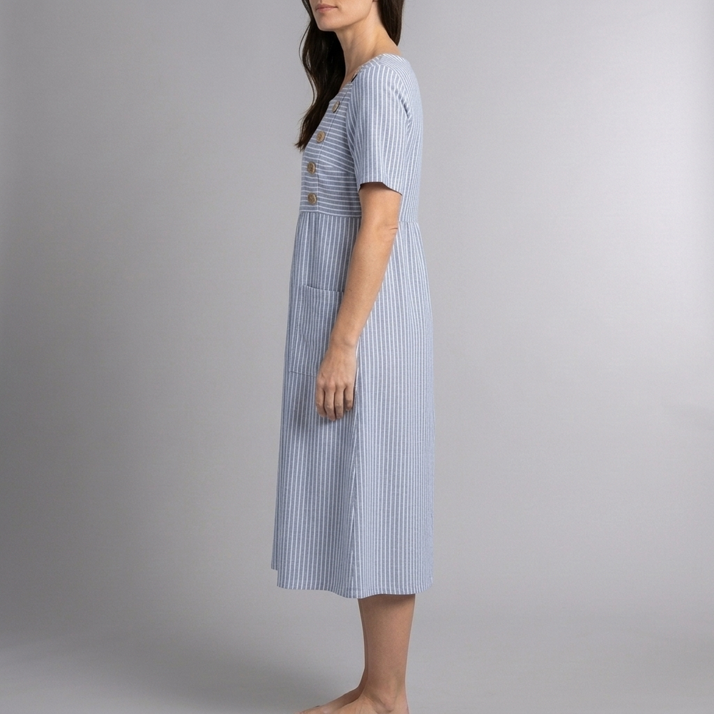 Women's Dress | Midi Striped Button Front Short Sleeve Blue front view