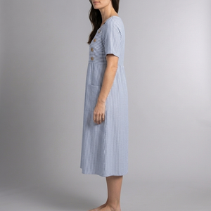 Women's Dress | Midi Striped Button Front Short Sleeve Blue side view