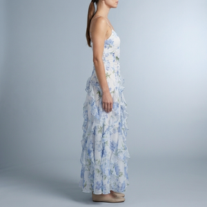 Women's Dress | Maxi White Floral Ruffle Spaghetti Strap Blue/White side view