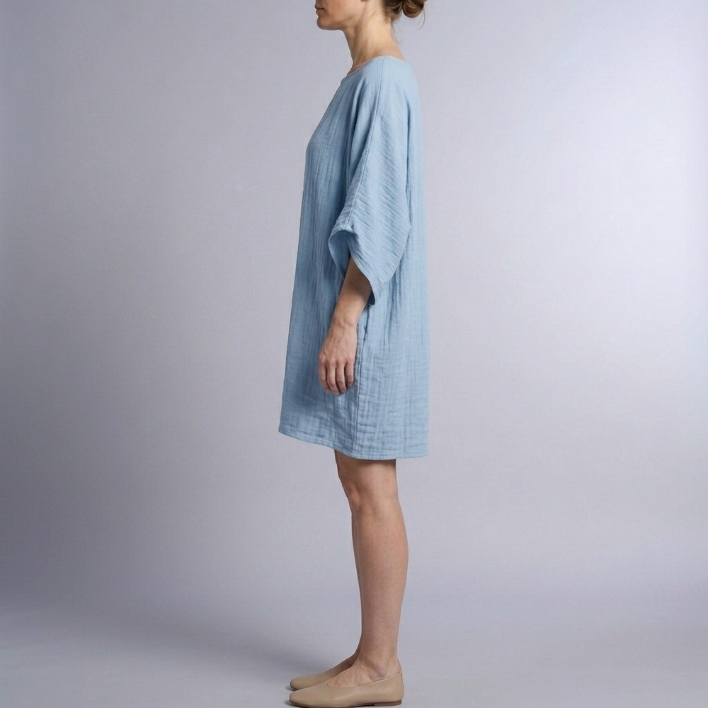 Women's Linen Dress | Midi Kaftan Batwing Sleeve Sky Blue front view