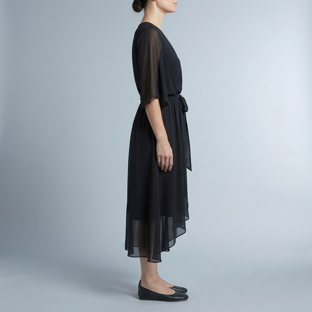 Women's Wrap Dress | Midi V-Neck Belted Black front view