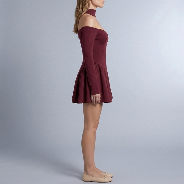 Women's Red Dress | Mini Off-the-Shoulder Long Sleeve red side view