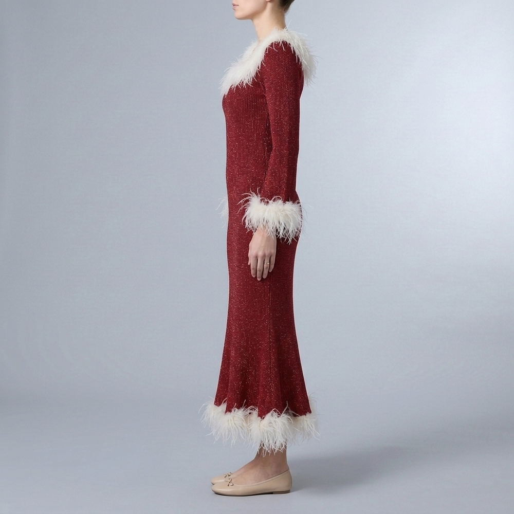 Women's Wedding Guest Dress | Maxi Feather Trim Sparkle Knit Long Sleeve Red White front view