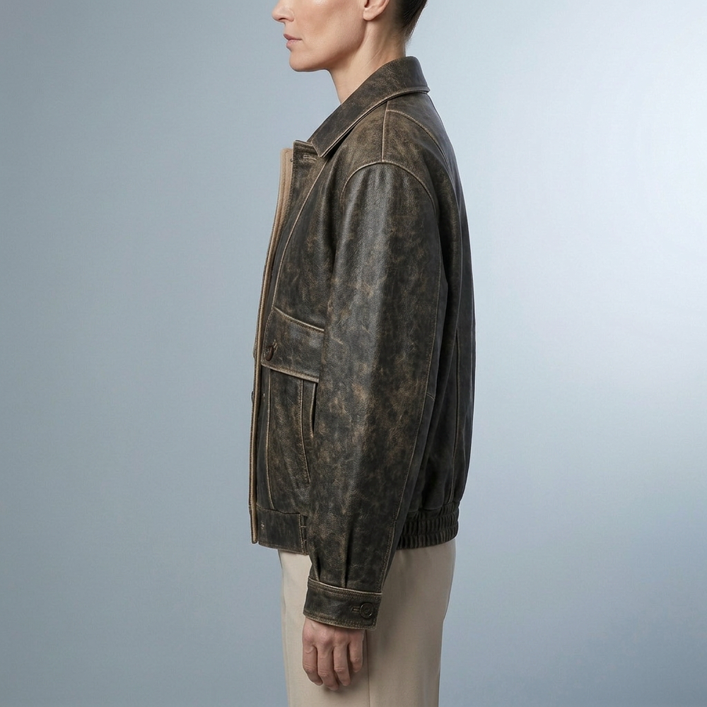 Women's Leather Jacket | Vintage Washed Brown Biker front view