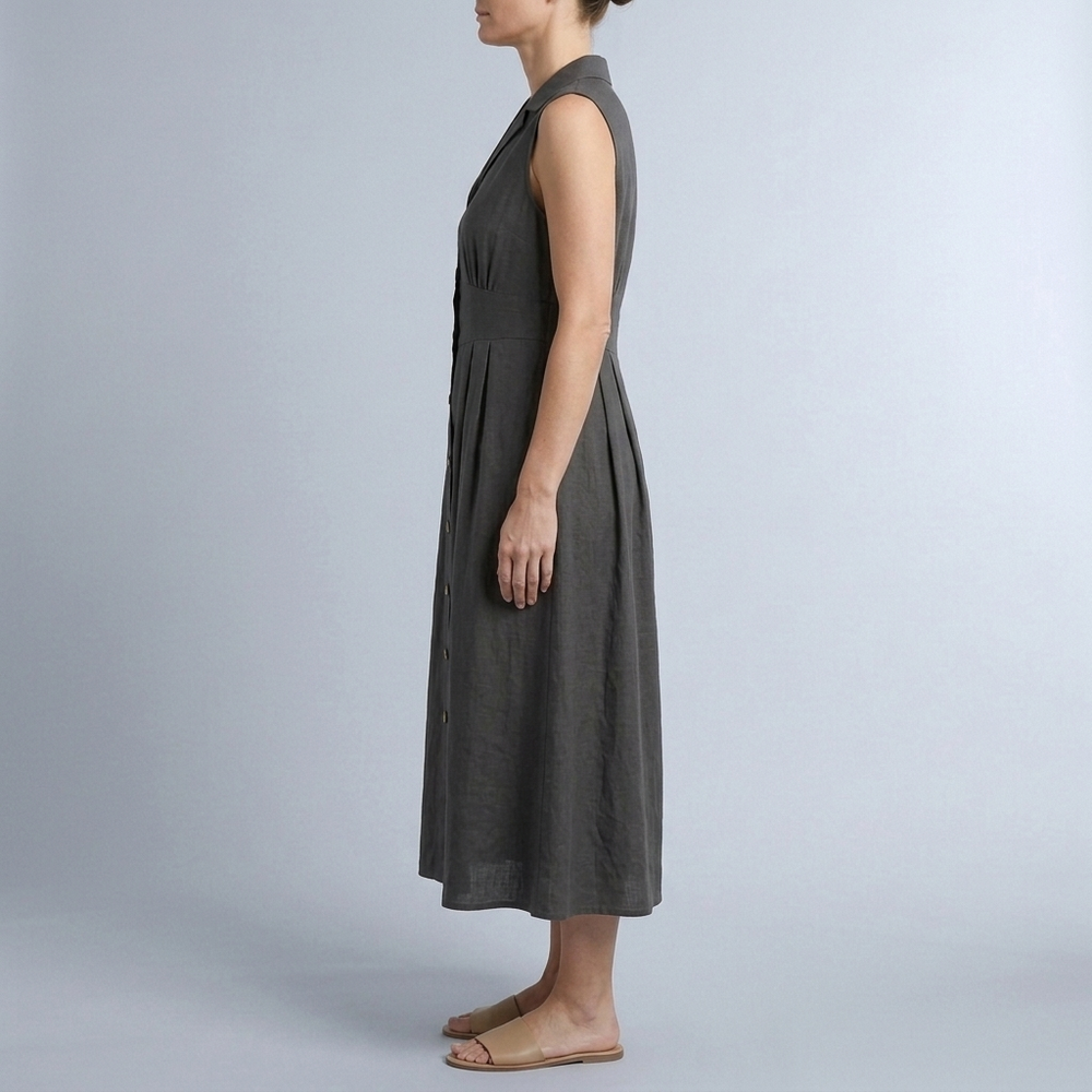 Women's Summer Dress | Midi Collared Button Front Sleeveless Black front view