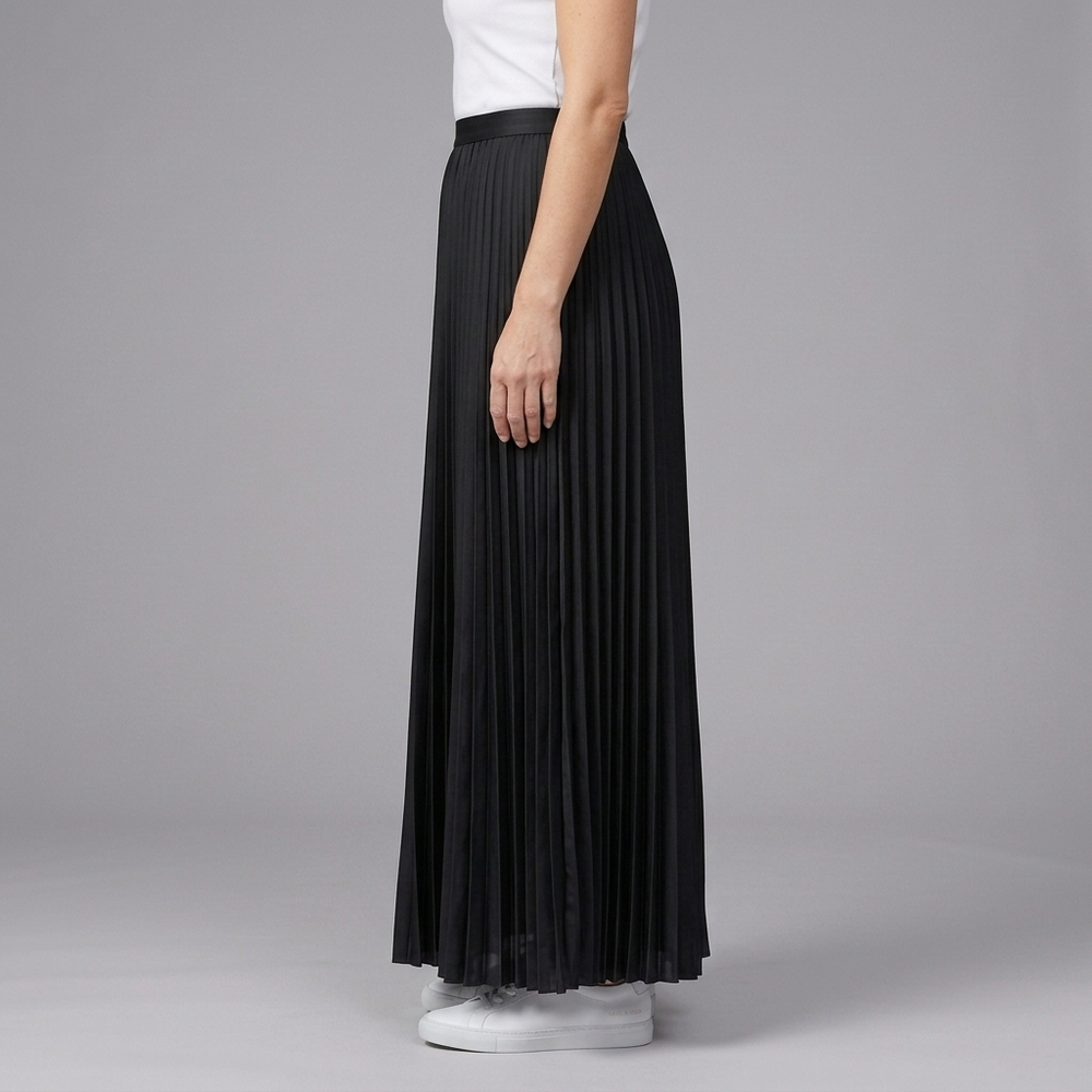 Women's Maxi Skirt | Pleated Elasticated Waist Full Length Black front view