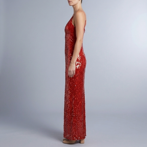 Women's Sequin Dress | Maxi Deep V-Neck Spaghetti Strap Red side view