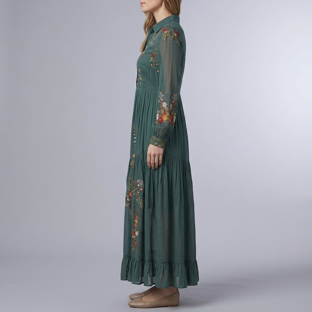Women's Shirt Dress | Maxi Floral Print Belted Green front view