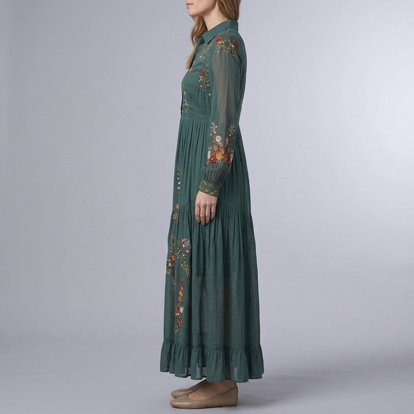 Women's Shirt Dress | Maxi Floral Print Belted Green side view