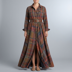Women's Shirt Dress | Maxi Plaid Long Sleeve Belted Red front view