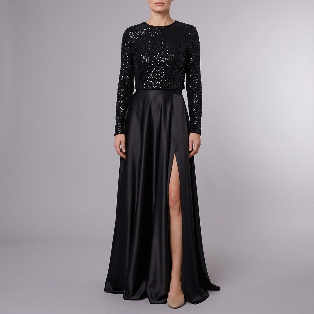Women's Dress | Maxi Sequin Long Sleeve High Neck Black front view