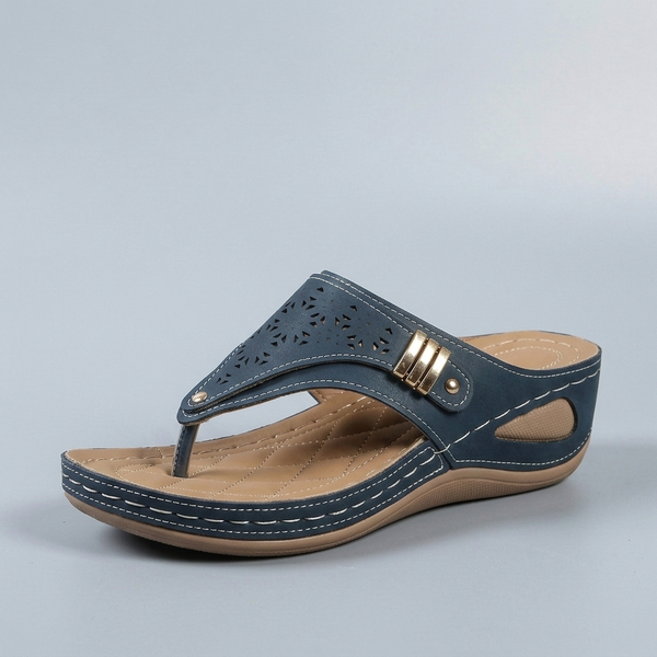 Sandals For Women | Cushioned Slip-On Wedge Navy three-quarter front view