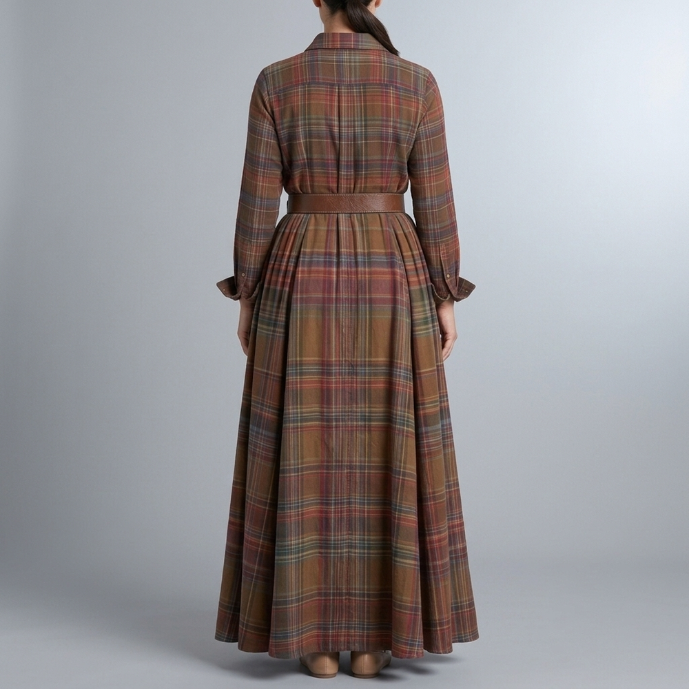 Women's Shirt Dress | Maxi Plaid Long Sleeve Belted Red front view