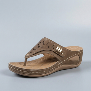 Sandals For Women | Cushioned Slip-On Wedge Brown three-quarter front view