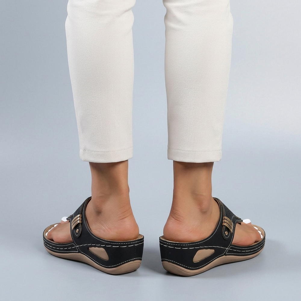 Sandals For Women | Cushioned Slip-On Wedge Black three-quarter front view