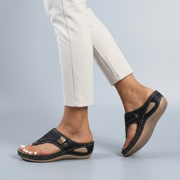 Sandals For Women | Cushioned Slip-On Wedge Black side view walking