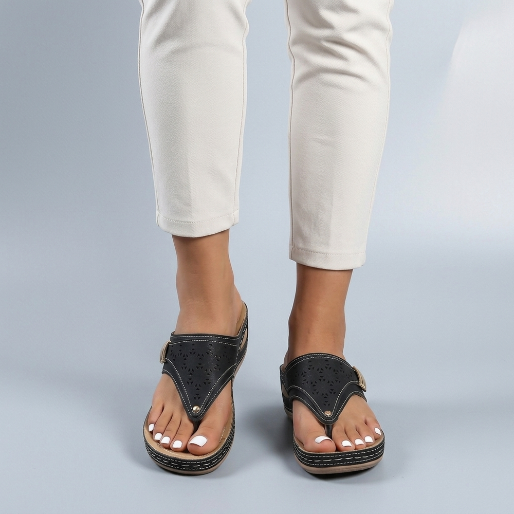 Sandals For Women | Cushioned Slip-On Wedge Black three-quarter front view