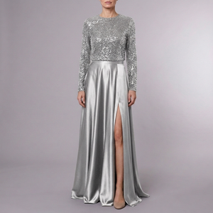 Women's Dress | Maxi Sequin Long Sleeve High Neck Silver front view