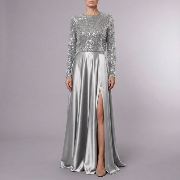 Women's Dress | Maxi Sequin Long Sleeve High Neck Silver front view