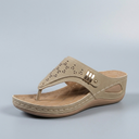 Sandals For Women | Cushioned Slip-On Wedge Khaki three-quarter front view