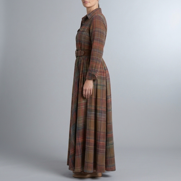 Women's Shirt Dress | Maxi Plaid Long Sleeve Belted Red side view