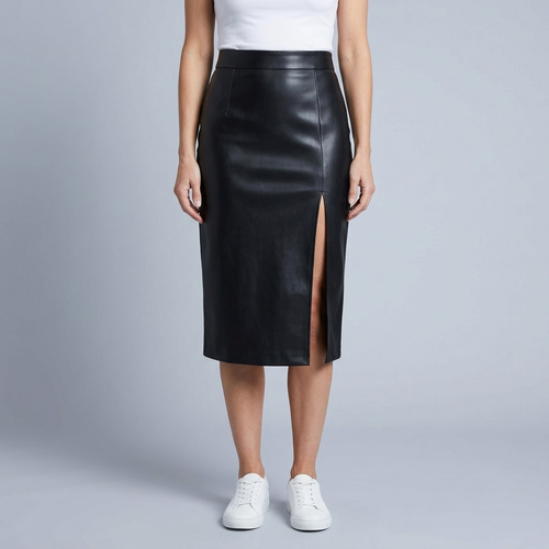 Women's Skirt | Midi Leather High Slit Black front view