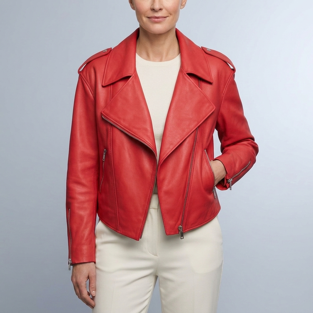 Women's Leather Jacket | Moto Cropped Asymmetric Beige front view