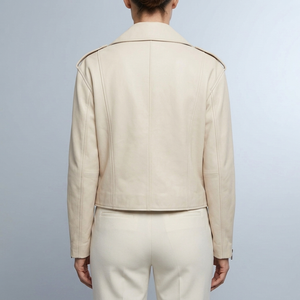 Women's Leather Jacket | Moto Cropped Asymmetric Beige back view