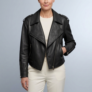 Women's Leather Jacket | Moto Cropped Asymmetric Black front view
